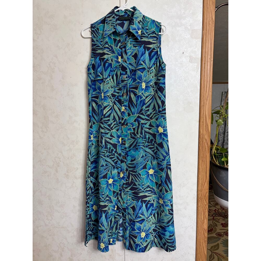 EMBASSY ROW VTG Silk Blue Tropical Sleeveless Shirt Dress Size 8P Coastal Resort